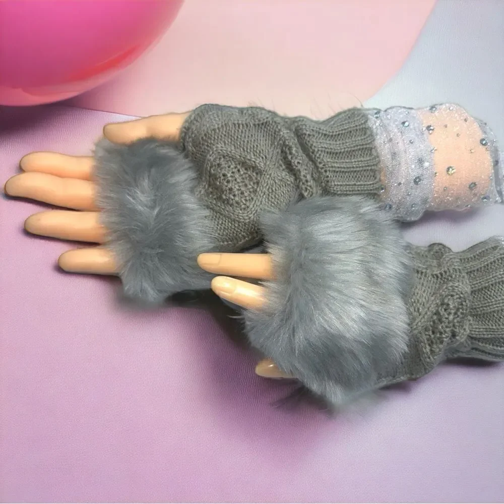 SXY l Elegant Silver Arm Sleeves Shimmery & Sheer, Gray Fuzzy, Fingerless Gloves